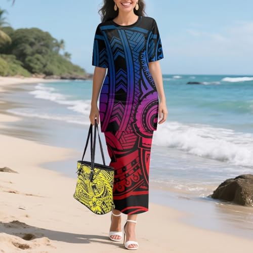 Image of Puletasi Samoan Traditional 2 Piece Outfits for Women Short Sleeve Crop Top and Maxi Skirt Sets Puletasi Dress
