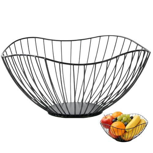 Black Wire Fruit Basket, Large Fruit Storage Basket, Hollowed Out Drainer Basket for Fruits, Bread, Crackers and Vegetables, Rust Resistant Kitchen Countertop Decorations, Top Choice for Home Decorat