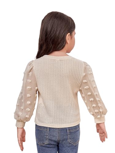 Image of Floerns Girl's Contrast Mesh Swiss Dots Tee Shirts Lantern Sleeve Round Neck Tee Tops Apricot 6Y
