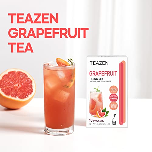 Image of TEAZEN Grapefruit Tea Powder, Sugar Free, Hibiscus and Green Tea, Powdered Mix Beverage from Korea, On-the-Go 10 Packets, 1.76oz