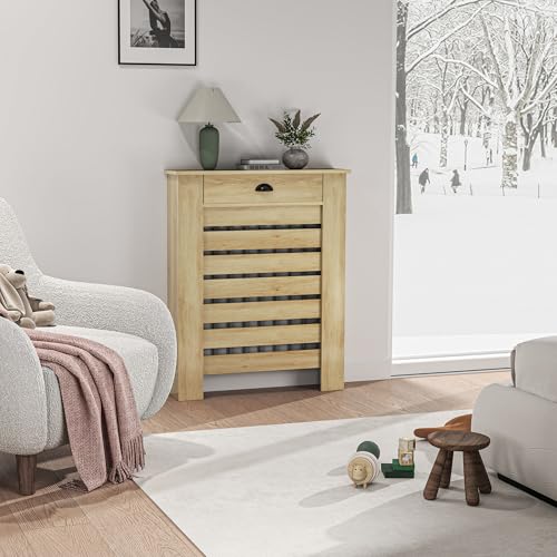 HOMCOM Cubre Radiadores con Cajón, Cubreradiador de MDF, Cubierta para Radiador, Diseño Moderno de Listones, para Salón, Dormitorio, 78x19x95,5 cm, Roble
