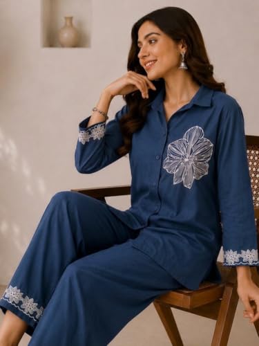 Image of Pure Cotton Co Ord Set for Women | Kurta Sets for Women | Embroidered Kurta with Pant | Ethnic Kurti with Palazzo Pants | Traditional, Office & Casual Wear