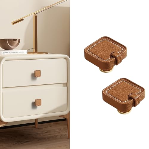 Image of 6 Pack Leather Cabinet Knobs Hand-Stitch Brown Square Drawer Pulls for Cabinets Cupboard Dressers Drawers Bedroom