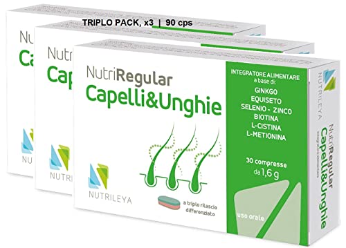 Nutriregular Capelli e Unghie, 90 compresse - Integratore Naturale Migliora la Crescita, Volume, Forza Capelli - Azione Rinforzante Unghie - Con Zinco, Selenio, Biotina, Ginko, Equiseto - Nutrileya