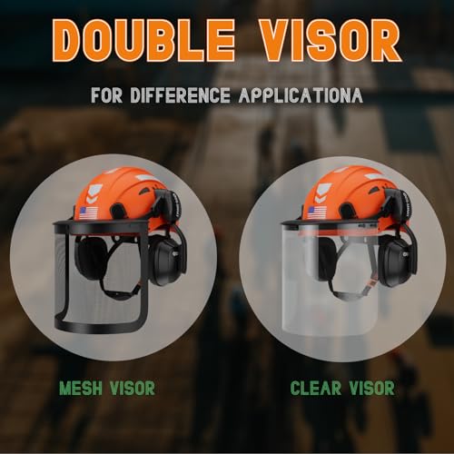DS-SMAAT 5 in 1 Forest Helmets Kit Industrial Chainsaw Helmet with Visor, Mesh&Clear PC Shield and Ear Muffs, ANSI Z89.1 Certified Forestry Helmet (Orange+Mesh&Clear Shield+Earmuffs) - Thumbnail 6