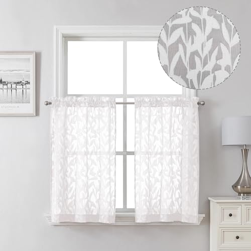 Lecloud Leia 36 Inch White Sheer Curtains Tiers 2 Pieces, Airy & Breathable Jacquard Texture Kitchen/Bedroom/Livng Room Curtain Small Window, Farmhouse Leaves Voile Drapes Dual Rod Pocket, 38W x 36L