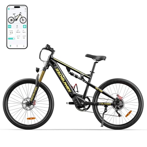 RZOGUWEX E-MTB Geländerad mit 26 Zoll (66 cm) und 70 NM für Erwachsene mit abnehmbarem 48 V 17,5 Ah Lithium-Ionen-Akku, 7 Gänge mit Doppelstoßedämpfung und Scheibenbremse
