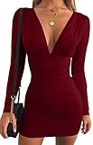 GOBLES Women's Sexy Long Sleeve V Neck Ruched Bodycon Mini Party Cocktail Dress Wine Red
