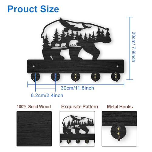 MAYJOYDIY Bear Forest Bird Decorative Wall Mount Key Holder 30×20cm Black Wooden Bear Forest Design Wildlife Animal Key Hanger Rack with 5 Alloy Hooks for Kitchen Bedroom Entryway Gifts - Image 2