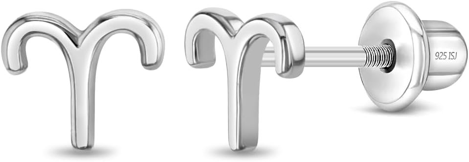 925 Sterling Silver Polished Zodiac Sign Safety Screw Back Earrings For Toddlers Little Girls and Preteens - Fun Horoscope Shaped Earrings For Young Girls - Children's Zodiac Jewelry