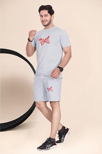 Image of HOODMASTER Men's Cotton Night Suit Set of Top & Knee Length Shorts with Round Neck Half Sleeves Solid Pattern Regular Fit and Standard Length | Mens Cotton Night Suit | T-Shirt and Shorts Sets