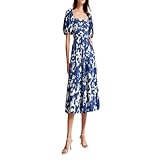 Hive Babe Dress Poplin Puff Sleeve Midi Dress,Women Summer Casual Flowy Beach Floral Pockets Ruffle Maxi Dress (1pcs-blue flowers,XX-Large)