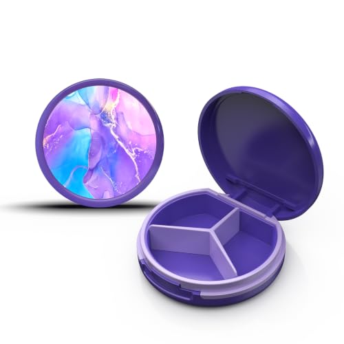 Image of Serfeymi Small Pill Case for Purse, Unique Artistic Patterns Travel Pill Box with 3 Compartments, Portable Mini Pill Organizer for Pocket, Decorative Pill Container for Purse - Purple(Marble)