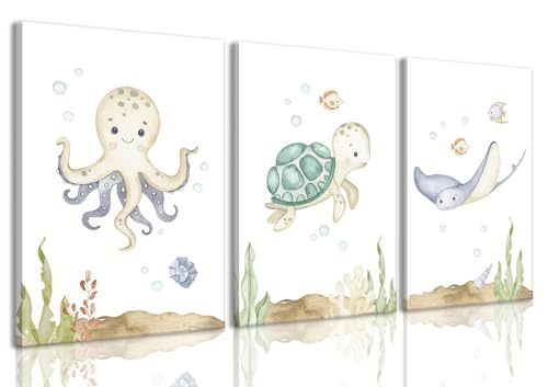 Image of Wodkwq Ocean Nursery Decor,Nursery Wall Decor,Kids Bathroom Decor,Under The Sea,Boys Room Sea Animal Wall Art Picture Canvas Prints Set of 3,Bedroom 12x16in Framed