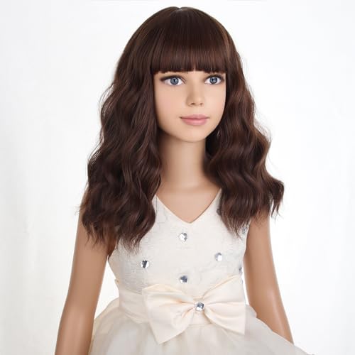 Image of PATTNIUM Kids Short Brown Wig Girls Mixed Brown Short Curly Wavy Wig Chocolate Brown Synthetic Children Wigs Cosplay Costume Party with Wigs Cap