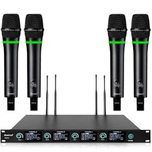 Bietrun 4-Channel Wireless Microphones System with 4 Rechargeable Handheld Mics, UHF Metal Dynamic Cordless Mics for Karaoke, Singing, Church, Family Theater(Auto Connect/295FT Range/Fixed Frequency)