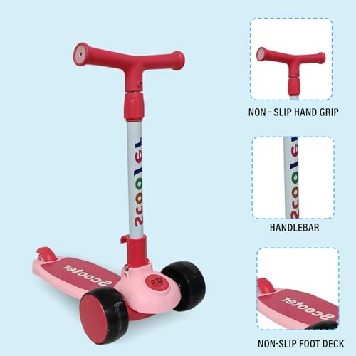 Image of NHR Foldable 3 Wheel Kick Scooter for Kids Up to 6 Years with Colorful LED Flashing Wheels, 4 Level Height Adjustable Handlebar, Tilt-to-Steer & Rear Press Brake Toy for Boys Girls (Pink)