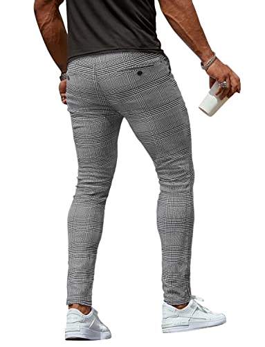 Dark Gray Chinos Plaid Pants For Men Slim Fit Casual Skinny Tapered Stretch Dress Pants Flat-Front Expandable Waist Checkered Slacks #TOP5