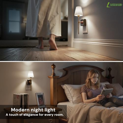 Image of L LOHAS LED Night Lights Plug into Wall,White Pleated Fabric Cover Night Light, 5000K Daylight with 0-100LM Dimmable Night-light, Dusk to Dawn Sensor Vintage Nightlight for Bedroom Living Room