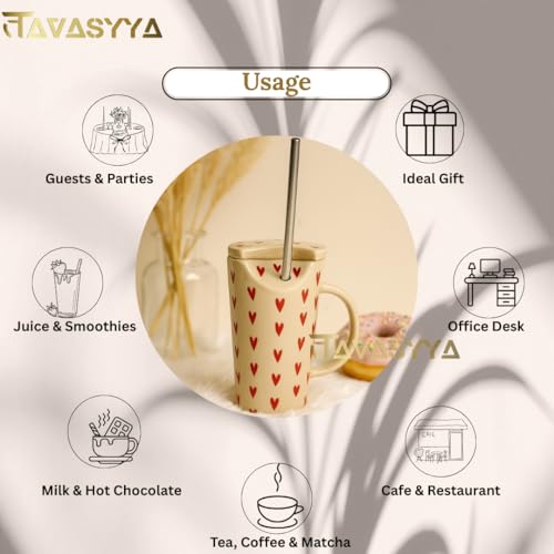 Image of Handmade Ceramic Mug, Tumbler with Lid & Straw Beige with Red Heart Print Tumbler, Cup for Hot & Cold Beverages | Microwave & Dishwasher Safe | Perfect for Gifting (Red Heart)
