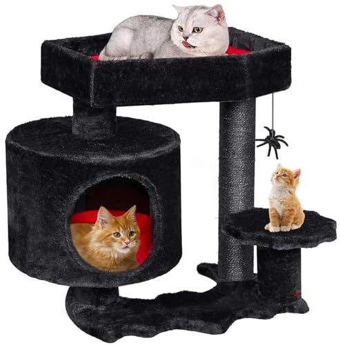 BEWISHOME Cat Tree Tower, Gothic Cat Tree with Coffin Bed, Halloween Gothic Cat House with Scratching Posts, Spider Toy, Cat Condo for Kittens, Black and Red Small MMJ93R