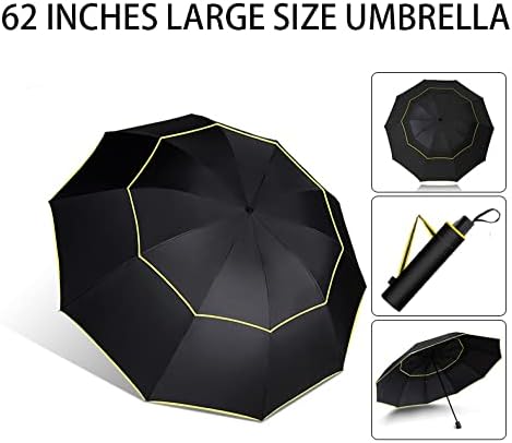 62" Unisex Large Double Golf Rain Umbrella, Rain/Wind Resistant Double Canopy Paraguas Alloy Skeleton Umbrella, Portable and Lightweight with Small Folding Length