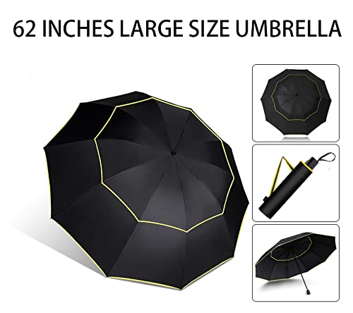 62" Unisex Large Manual Double Golf Rain Umbrella, Portable And Lightweight With Small Folding Length, Rain/Wind Resistant Double Canopy Paraguas Alloy Skeleton Manual Umbrella (Black) #TOP1