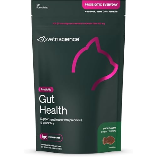 VetriScience Gut Health Chews, Probiotic Everyday Digestive Supplement for Cats, Pet Probiotics for Digestion Support, Gas and Diarrhea, Immune Support, 120 Million CFU Per Chew, Duck, 60 Count