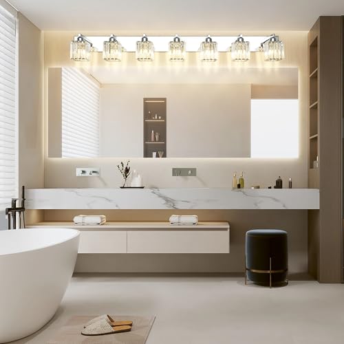 Image of Aipsun Bathroom Vanity Light Fixtures Chrome Vanity Light for Bathroom Crystal Vanity Lighting Fixtures 7 Light (Exclude Bulb)