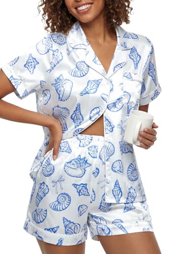Image of Umenlele Women's Silk Satin Pajamas Set Striped Short Sleeve Button Down Sleepwear 2 Piece Soft Loungewear PJs