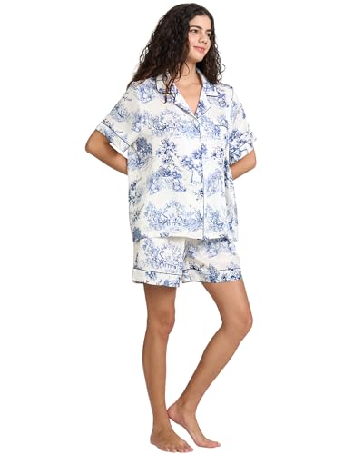 Image of YiNi LuLu Womens Silk Satin Shorts Pajamas Set Button Down 2 Piece Pjs Short Sleeve Oversized Sleepwear with Pockets
