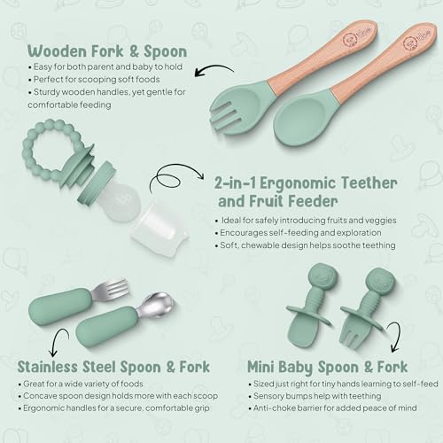 Baby Led Weaning Feeding Supplies for Toddlers, odoe Baby Feeding Set | Silicone Suction Baby Bowl Self Eating Utensils Set with Spoons, Bibs, Toddlers Spoon Set, Food Plate Kit (BFS-Green V2, V2)
