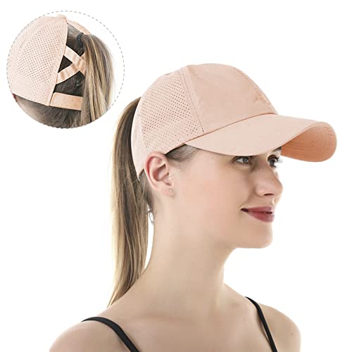Muryobao Womens Criss Cross Ponytail Baseball Cap Adjustable High Messy Bun Ponycap Trucker Hats Quick Drying Mesh Dad Hat For Outdoor Sports Travel Pink #TOP6