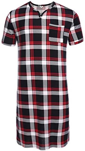 luxilooks Nightgowns Mens Big & Tall Nightshirt Short Sleeve V Neck Sleepwear Long Pajama Shirts Summer Loungewear Henley Sleep Shirt Tops Red Black Plaid M