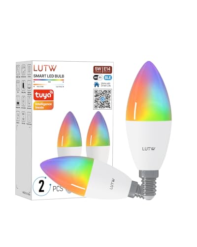 LUTW Lampadine Alexa E14, 5W 470LM Lampadina Smart E14 C37 Compatibile con Alexa/Google Home, Dimmerabile Lampadina Wifi attacco piccolo, Lampadine LED RGBCW, WiFi 2.4GHz & Bluetooh, 2 Pezzi