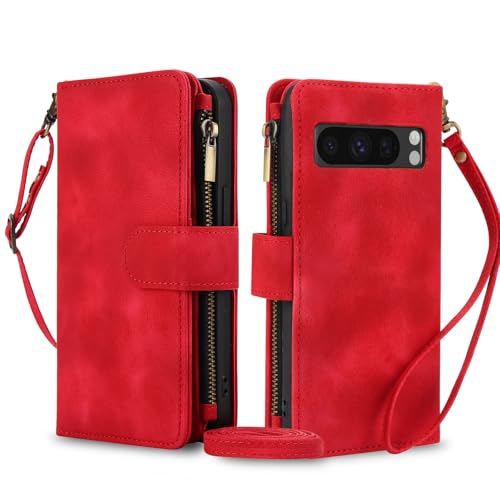 Housse portefeuille Pixel 10 Pro XL rouge étui rabat cuir avec bandoulière
