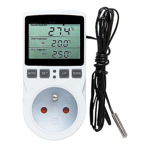 Fivtsme Prise Thermostat, Regulateur Température Numérique, 220V Thermostat Terrarium, Thermostat Prise Thermostat avec Sonde, Prise Thermostat Chauffage pour Serre, Aquarium (Prise FR)