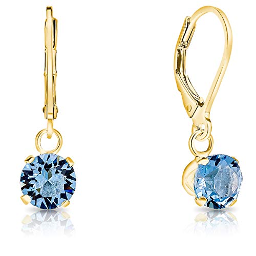 DTPsilver - Boucles d'oreilles Dormeuses en Argent Fin 925 Plaqué Or Jaune et Cristaux de Swarovski® Elements Ronds - Diamètre: 6 mm - Couleur: Aigue-Marine