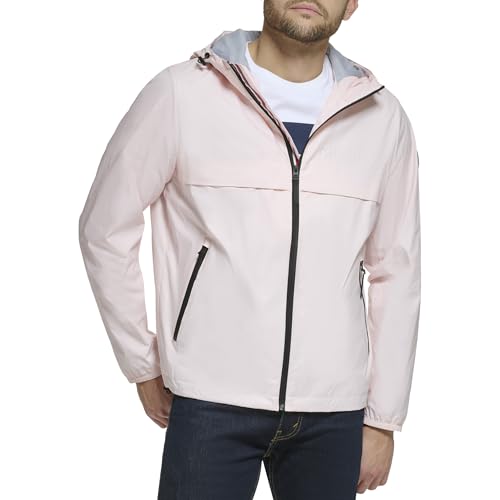 Tommy Hilfiger Men's Simple Hooded Rain Jacket, Pastel Pink, Large