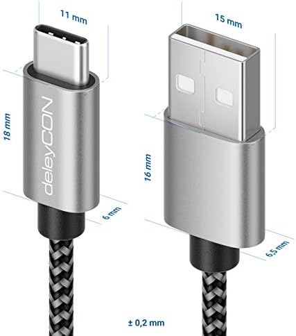 deleyCON 2m Nylonowy Kabel USB-C Kabel do Ładowania Kabel do Transmisji Danych Metalowa Wtyczka USB Typu C Ładowanie i Synchronizacja Telefonu Komórkowego i Smartfona