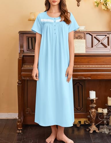 Image of Ekouaer Nightgown for Women Cotton Long Night Gown Short Sleeve Nightdress with Pockets Button Sleepshirt Soft Sleepwear