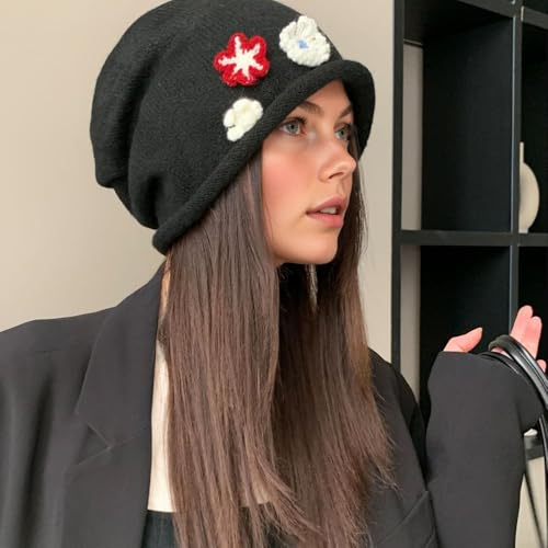 FYting Mütze Damen,Damenmützen,Hüte, Mützen & Caps für Damen,Hut Winter Schwarz,Weicher und Bequemer Warmer Gestrickter Hut, Modische Lockige Kanten, für Den Winter, Weihnachten (Schwarz)