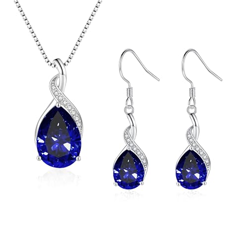Loutade Silber Schmuckset für Damen, 925 Sterling Silber Schmuckset mit Saphir-Blau Zirkonia, Unendlichkeit Anhänger mit 45 + 5cm Silberkette & Haken Ohrringe Hängend Set für Geburtstag Muttertag