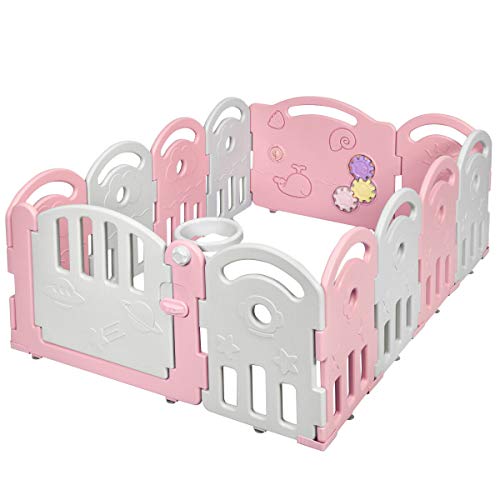 Costzon Baby Playpen, 12-Panel Kids Safety Yard Activity Center Playard with Safety Lock & Educational Toys, Portable Play Yards with Music Box & Basketball Hoop, Indoor Outdoor Use (Pink, 12-Panel)