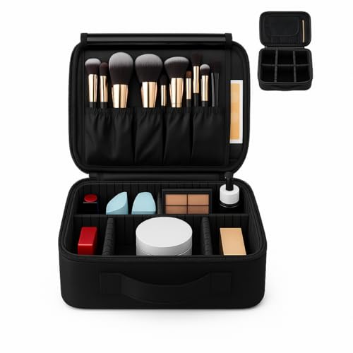 Maleta Necessaire Profissional para Maquiagem, 25 x 23 x 10 cm, Preta, com Divisórias Ajustáveis, Porta Pincéis, Impermeável, Ideal para Viagem