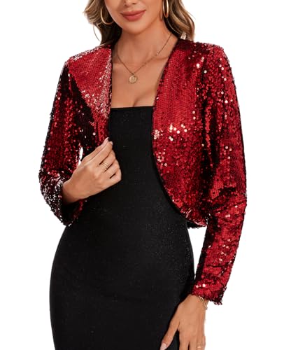 Image of MINTLIMIT Women's Sequin Shrug Bolero Long Sleeve Open Front Party Sparkly Cropped Cardigan Glitter Shiny Jackets