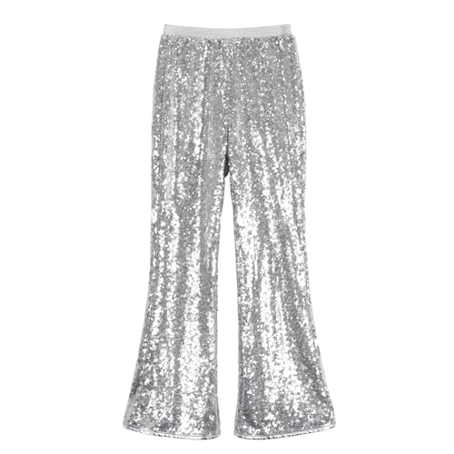 LOLANTA Pantalon à Paillettes pour Fille, Pantalon évasé Disco Scintillant, Tenue de soirée, de Danse Hip-hop, Argenté, 10-11 Ans, 150