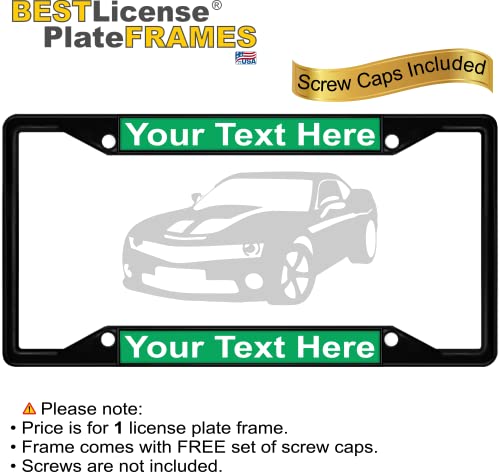 Image of Personalized with Custom Text Design - 4 Hole Black Metal Laser Engraved US Standard Size - Car License Plate Frame with Free caps - Green /White Text (Qty: 1 Frame)