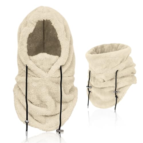 flintronic Winter Thermal Fleece Balaclava, Ski Face Cover, Windproof Fleece Ski Balaclava, Adjustable Hood Hat for Outdoor Running Skiing Beige