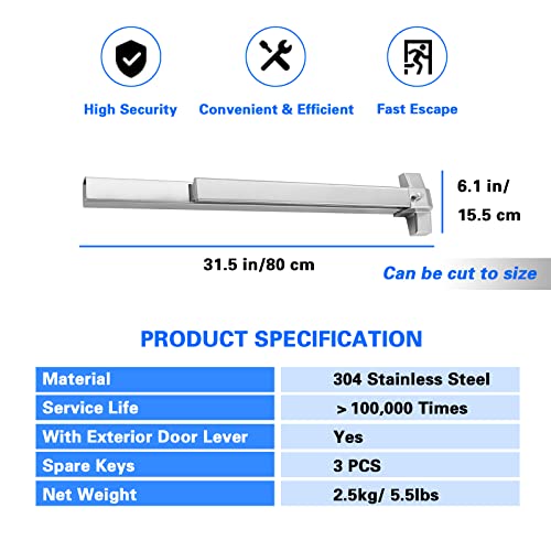 Panic Bar Exit Device, Stainless Steel Commercial Emergency Push Bar For Exit Doors & Exit Lever With Key And Detailed Fitting Instructions, Suitable For Wood Metal Doors (Silver) #TOP1